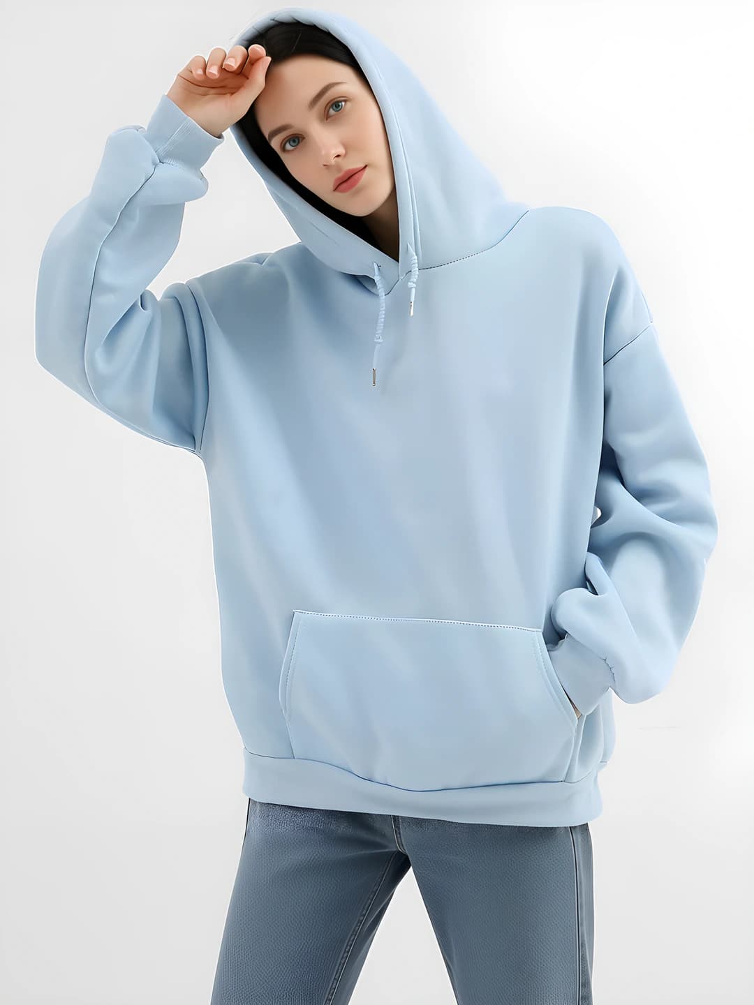 Ayollar uchun issiq astarli, qalinlashtirilgan, bo'sh (oversize) uzun yengli, bir rangli xudi, katta o'lcham, kuz-qish