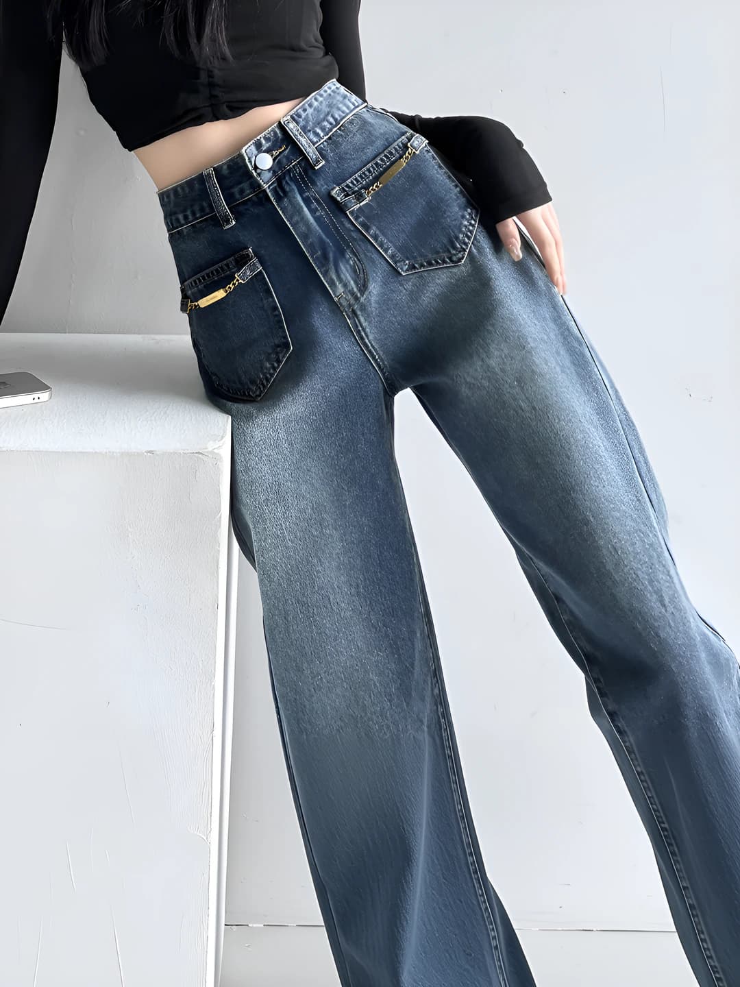 Women's retro wide and flared jeans, spring-autumn 2026, high waist, straight cut, loose fit, non-iron