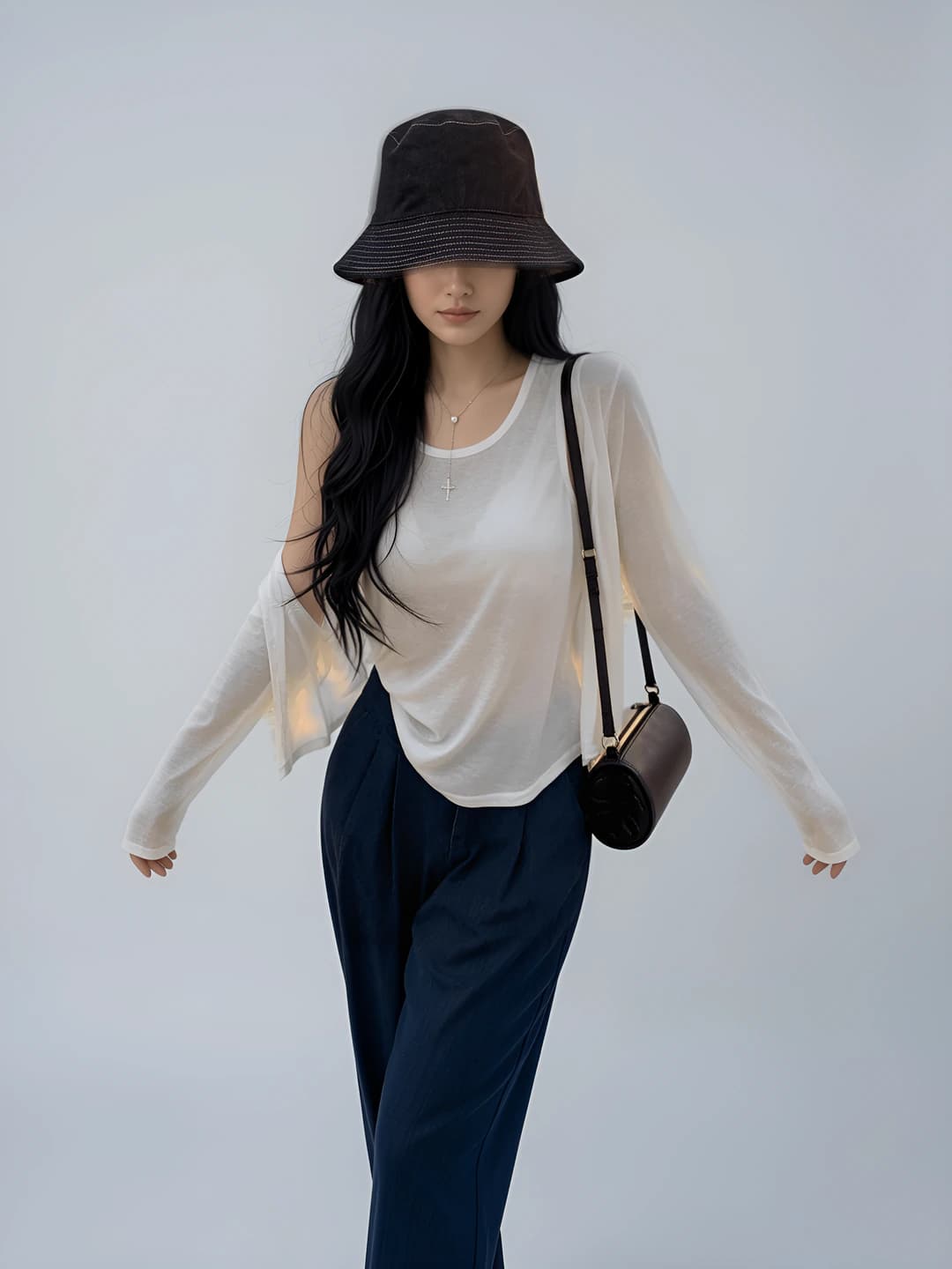 Women's clothing set: sun-protective cardigan and tank top, solid colour, long sleeve, OL style