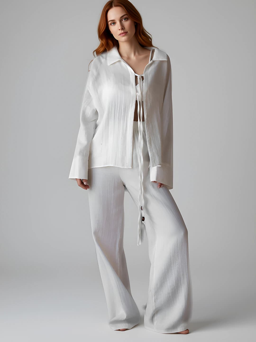 Women's casual two-piece set: cotton long sleeve blouse and high waist wide-leg trousers