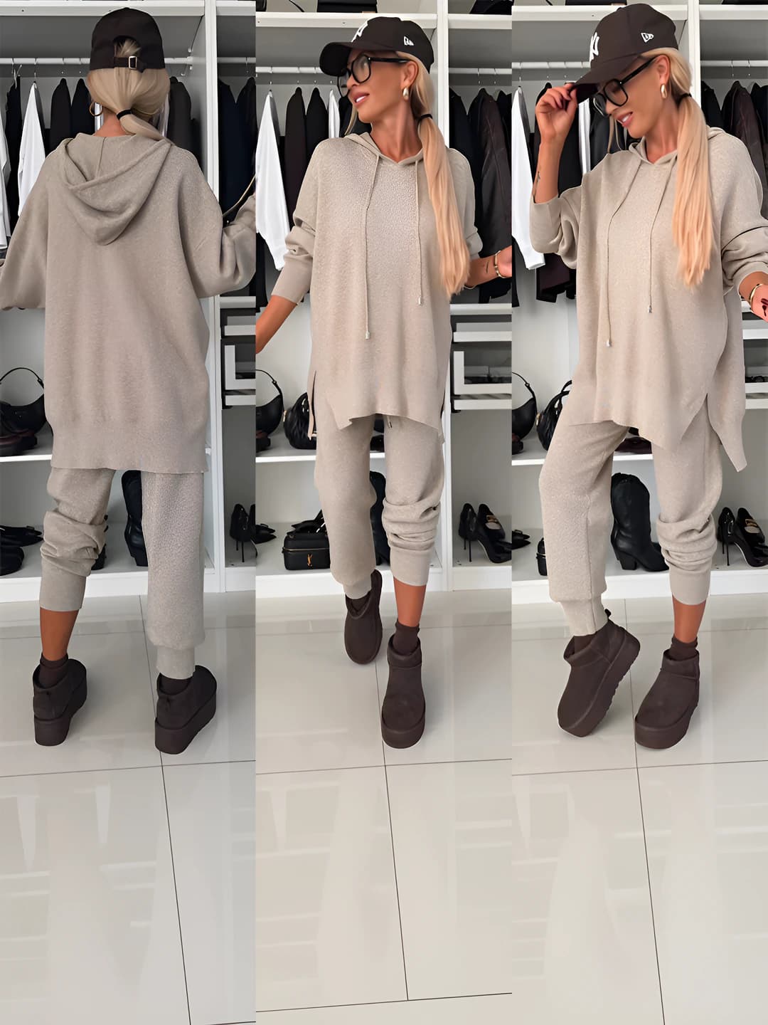 Women's autumn-winter clothing set: solid colour loose fit sweater and trousers