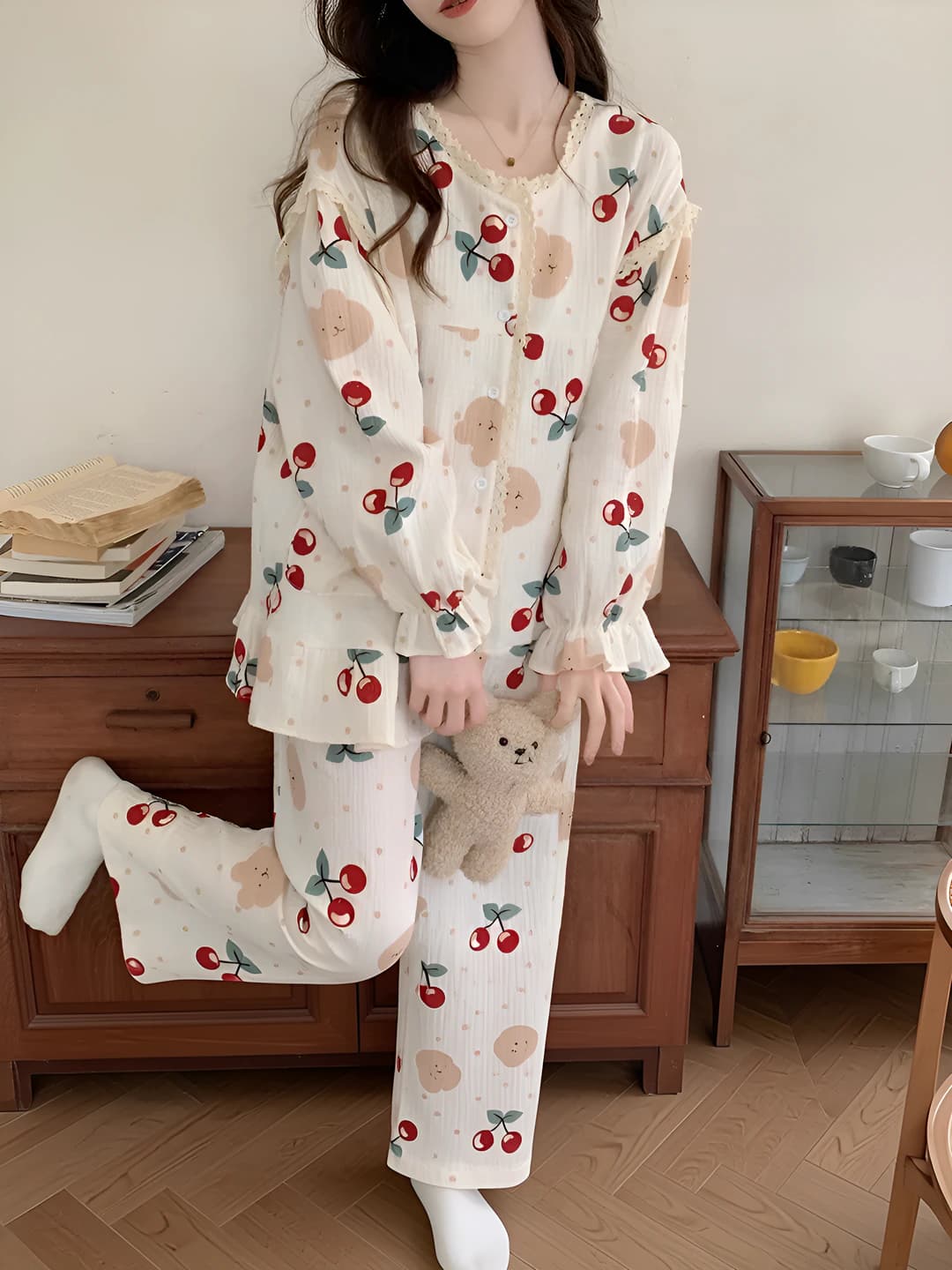 Ayollar uchun uzun yengli pijama to'plami, dumaloq yoqa, uzun shim, bahor-kuz, havo o'tkazuvchan, elastik, uy kiyimi
