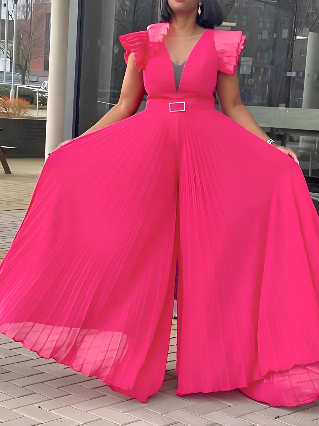 Ayollar uchun katta o'lchamli baland belli, uzun, bo'sh (oversize) kombinezon, poliester va spandex, o'rtacha qalinlik, shaffof tarmoq va burishli