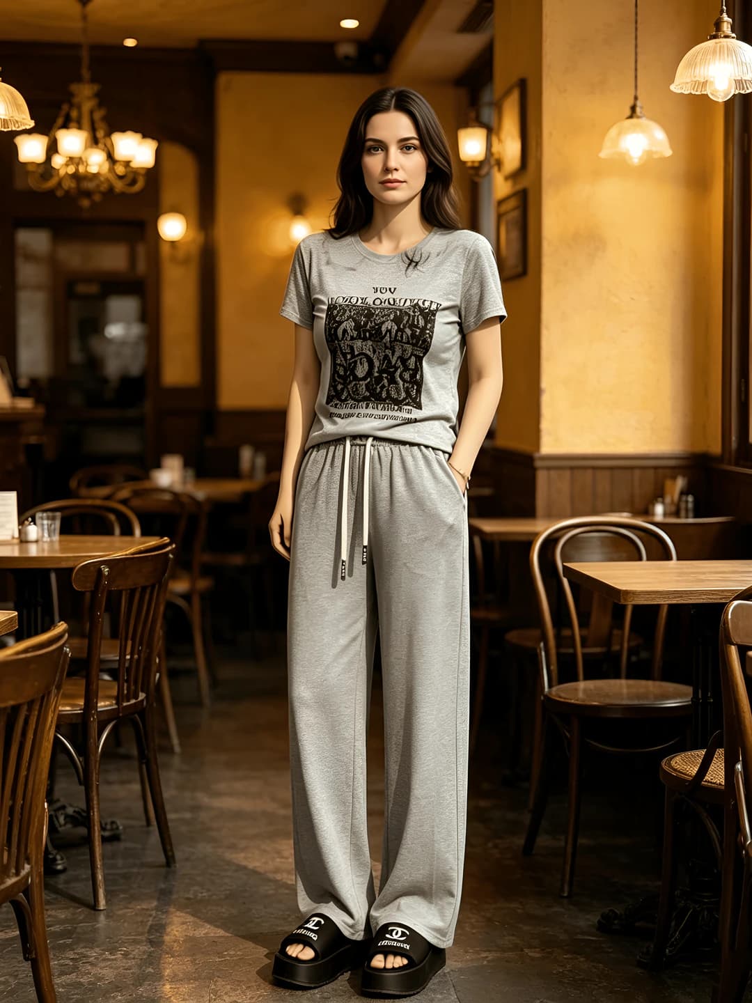 Women's summer casual set: t-shirt and wide-leg trousers (loose fit, printed)