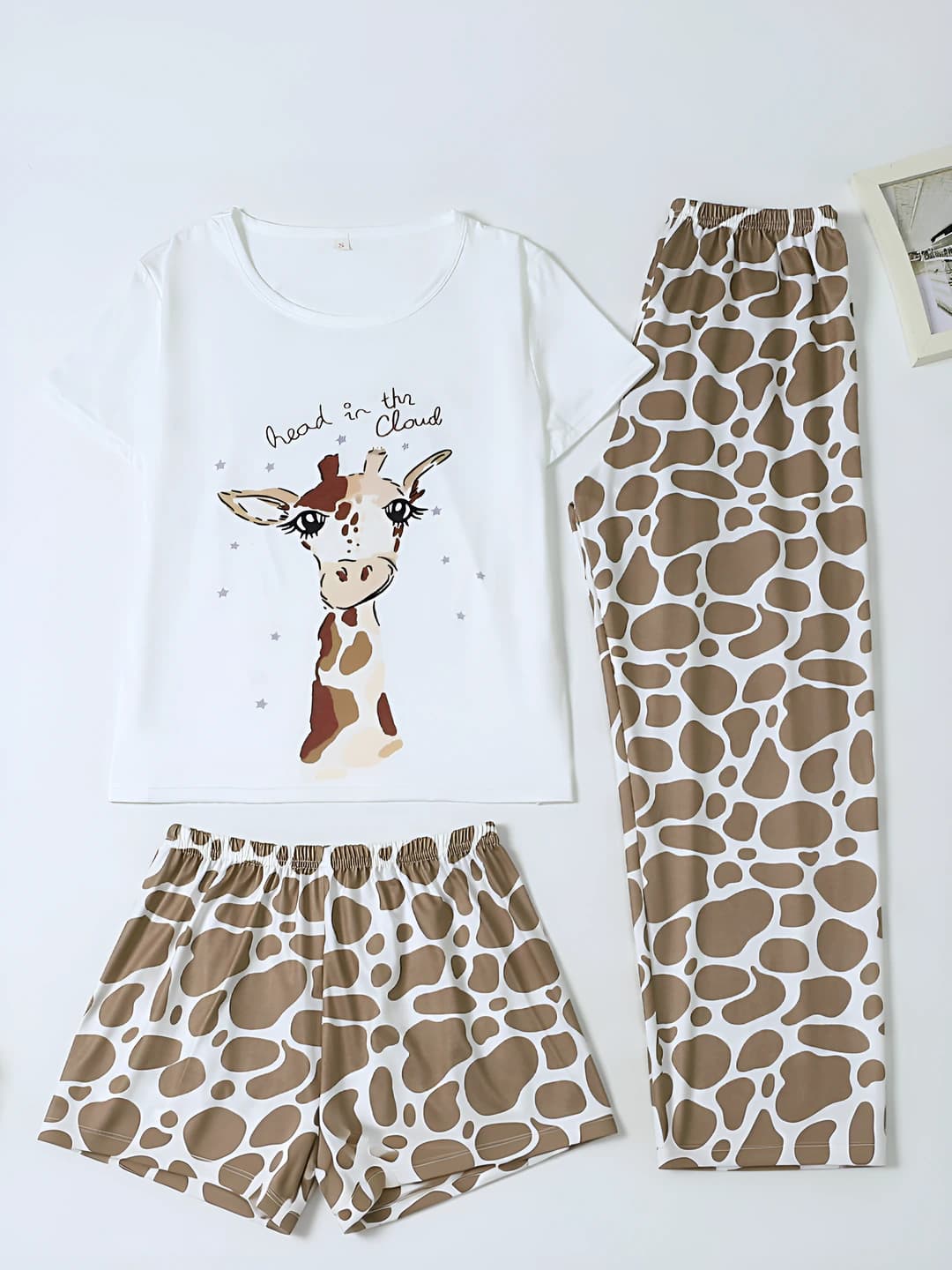 Women's printed pajama set: short-sleeve top and trousers, thin fabric, crew neck, all-season