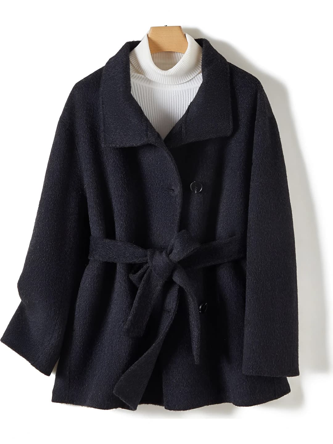 Women's belted wool coat, stand collar, loose fit, autumn-winter, long sleeve, solid colour, mid-length
