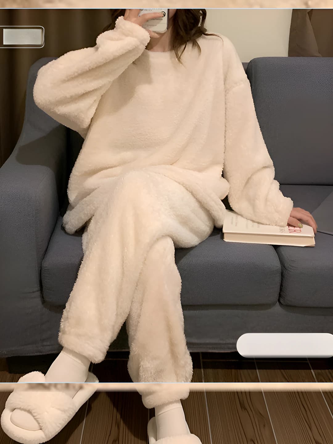 Women's winter coral fleece loungewear set: fleece-lined, thickened, loose fit, crew neck, long sleeve, trousers, breathable, casual style