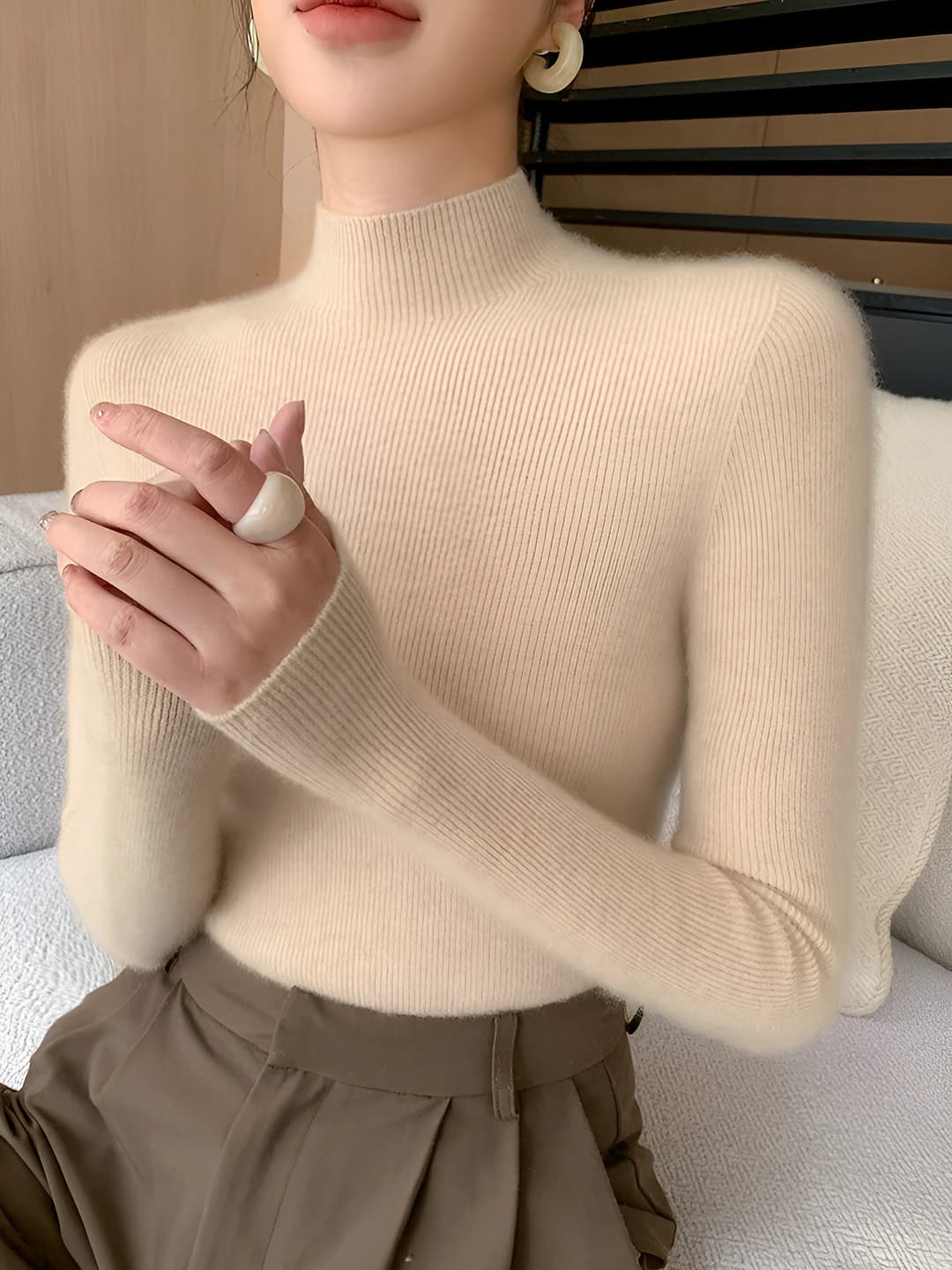 Women's wool sweater, autumn-winter, ultra-thin, slimming, slim fit, mock neck, long sleeve, solid colour