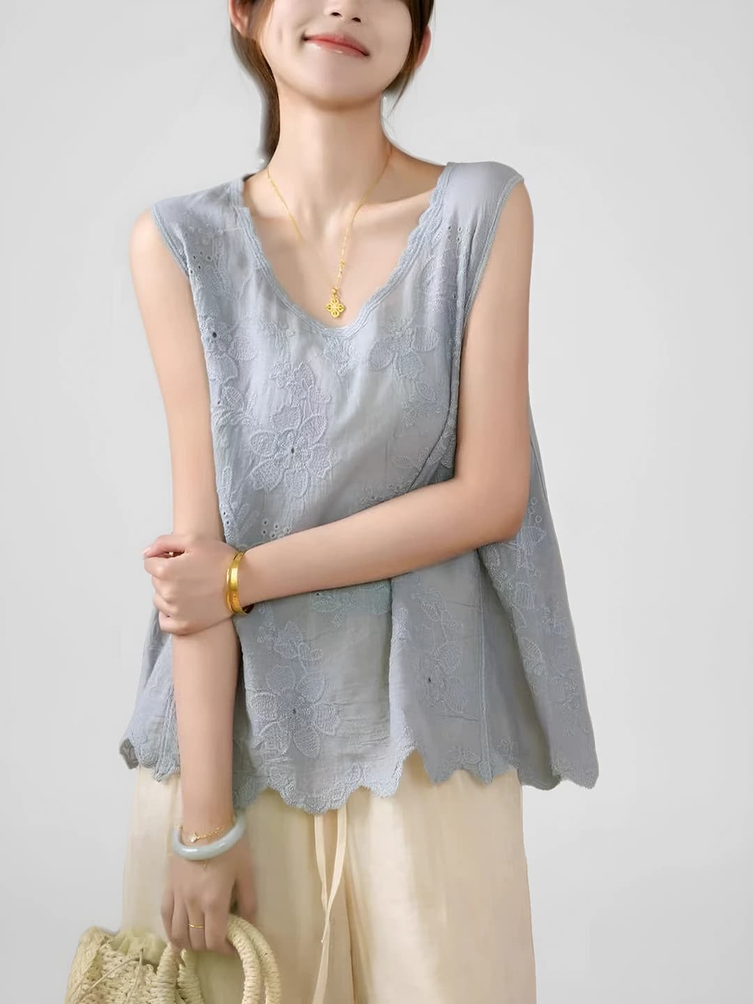 Women's summer lace tank top, V-neck, embroidered, sleeveless, solid colour