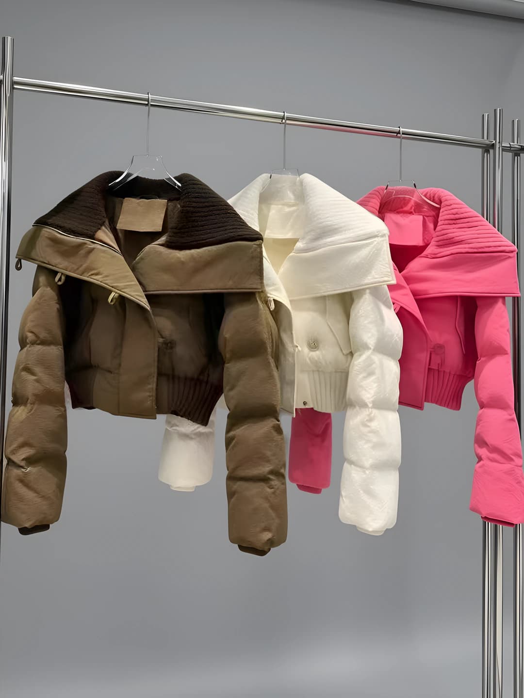 Ayollar uchun qishki puxli kurtka, koreys uslubida, kalta, bo'sh (oversize), baland yoqa, fermuar, qalinlashtirilgan, sintetik pux to'ldirgich, bir rangli, past bo'ylilar uchun