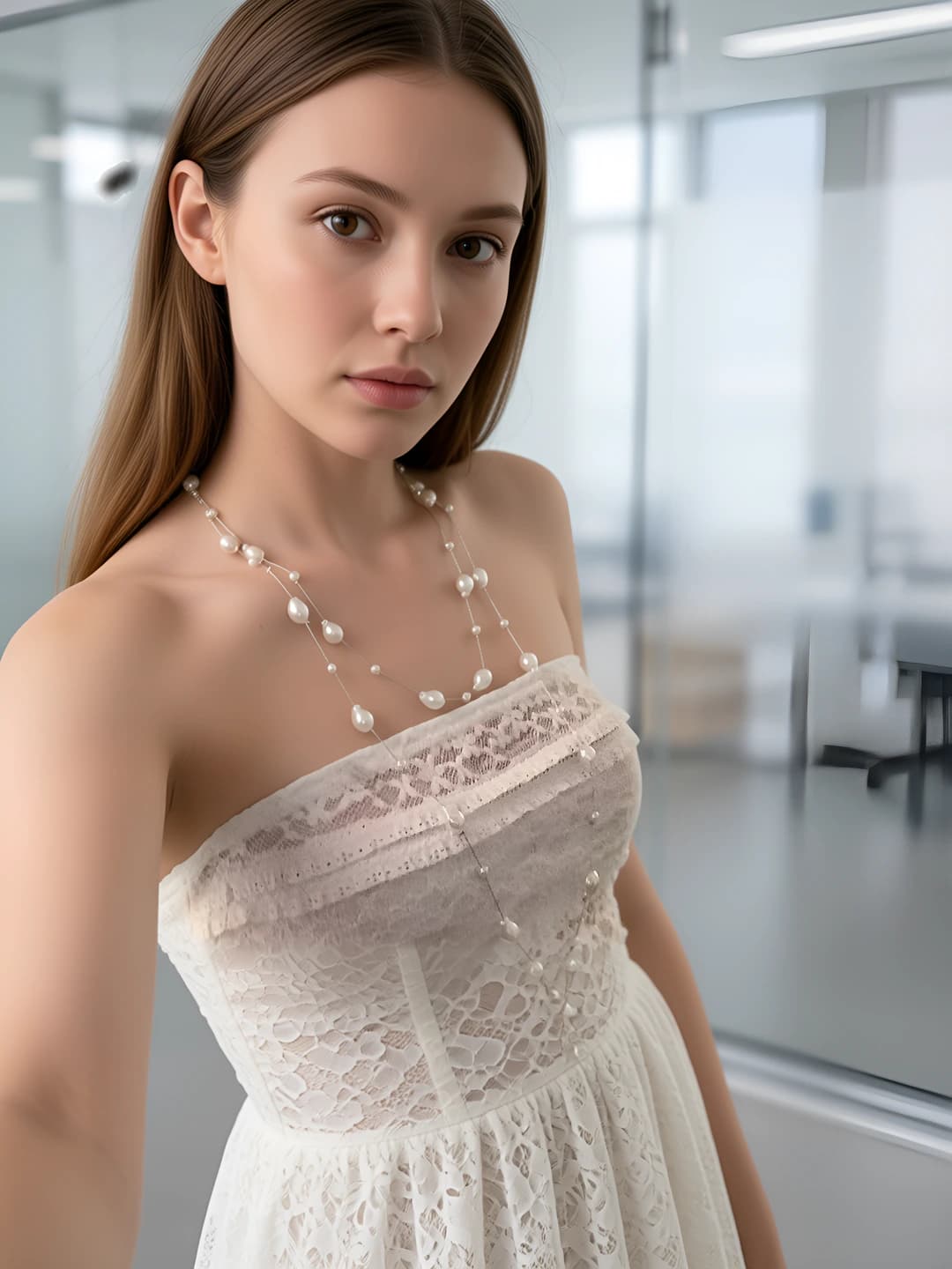 Women's long multi-layered necklace with imitation pearls in French style