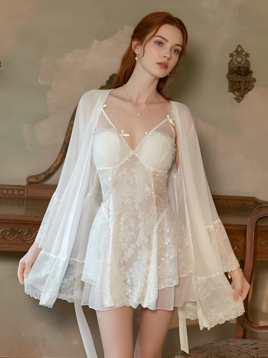 Silk lace robe with sheer panels and removable pads