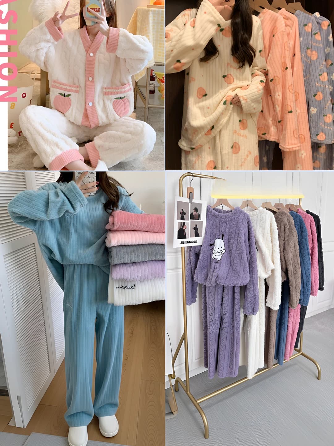 Women's coral fleece pyjamas set, thickened, crew neck, long sleeve, trousers, loose fit, autumn-winter loungewear