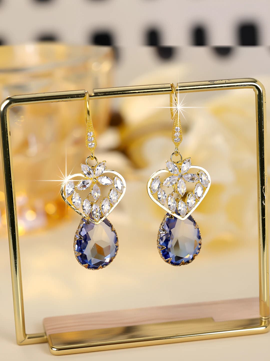 Women's long crystal earrings with heart-shaped zircon and blue teardrop