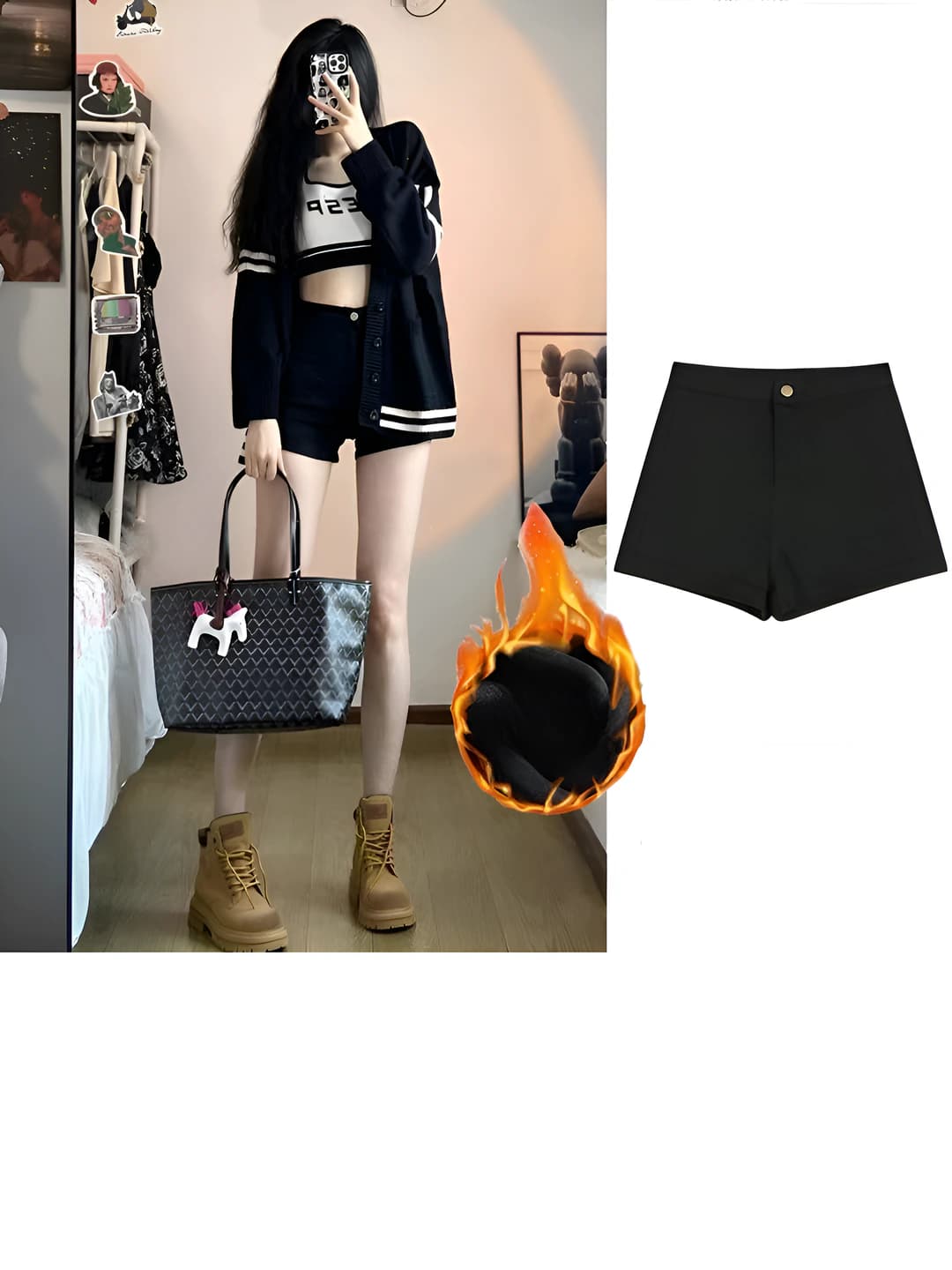 Women's autumn high waist stretch denim shorts, black, straight cut, fleece-lined, leg-lengthening