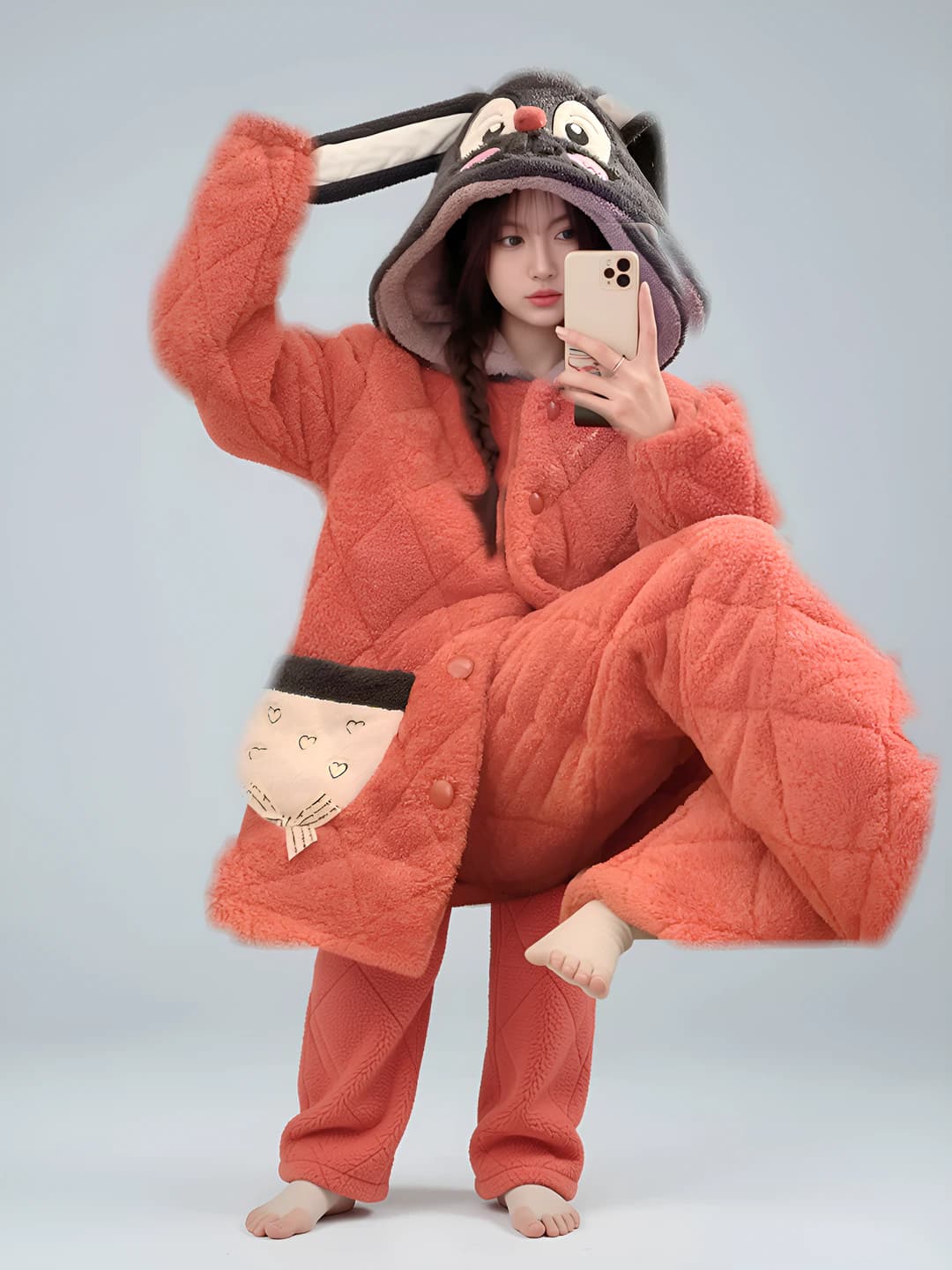 Women's winter warm coral fleece pyjamas set, fleece-lined, thickened, long sleeve, trousers, printed