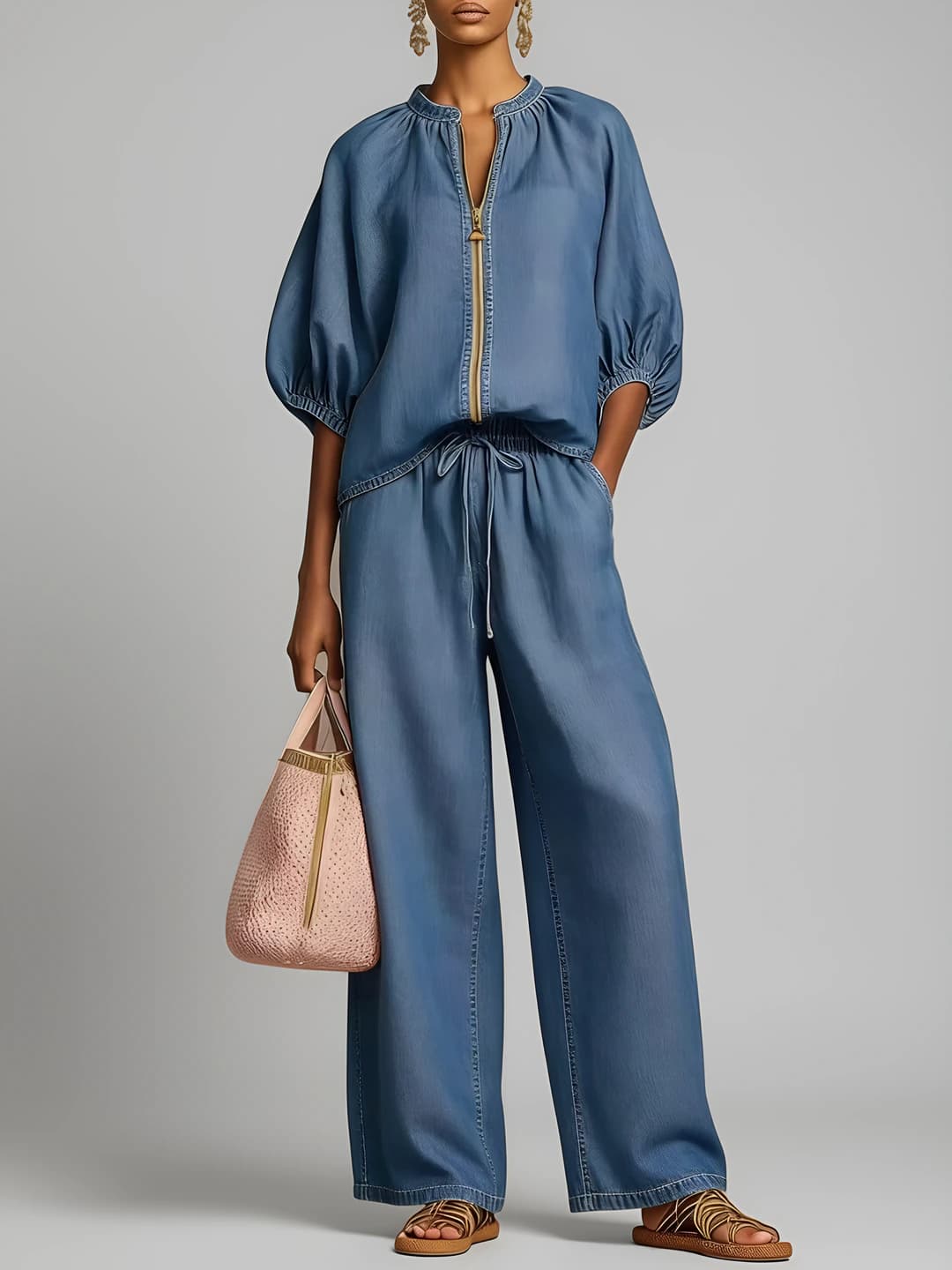 Women's summer solid colour set with crew neck, zip, and loose fit wide-leg trousers