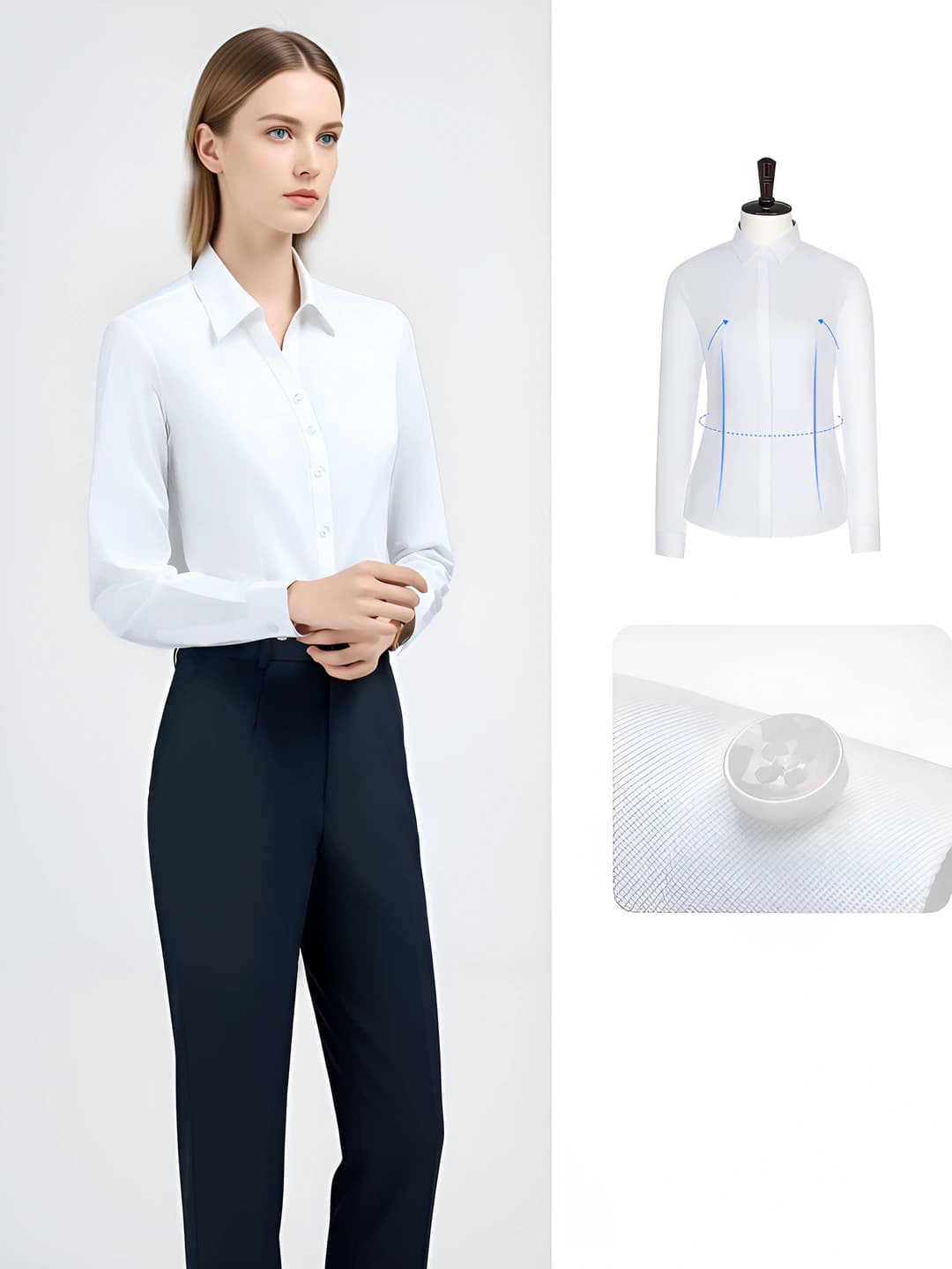 Ayollar uchun ko'ylak-shirt, sof paxta, uzun yeng, dazmol talab qilmaydi, bir rangli, V-yoqa, tanaga yopishgan