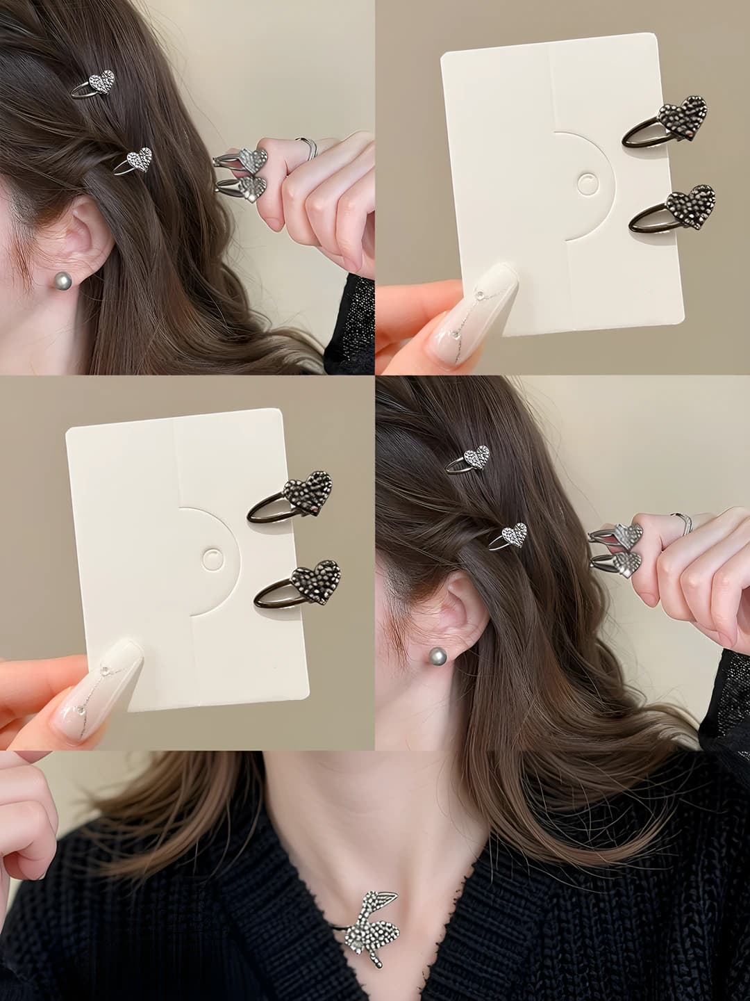 Women's mini medium-sized duckbill clip, side hair clip with a beautiful ribbon and flyaway holder, with heart and star design elements in a sweet style