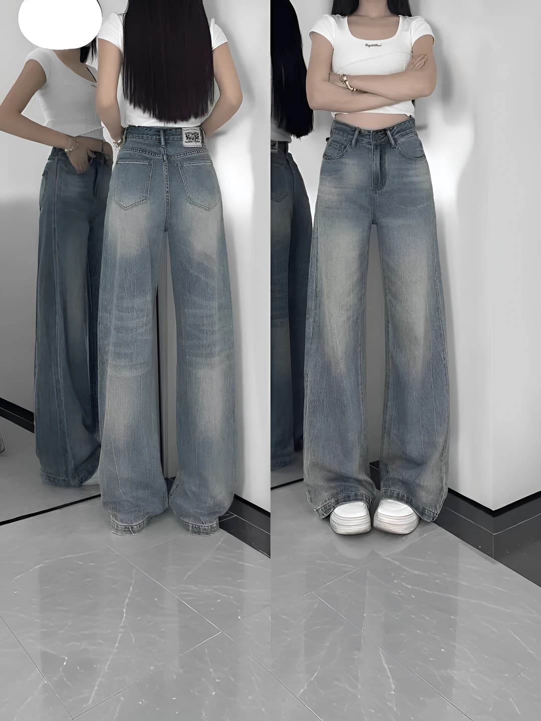 Women's retro wide and flared jeans, high waist, straight cut, solid colour, loose fit, trousers