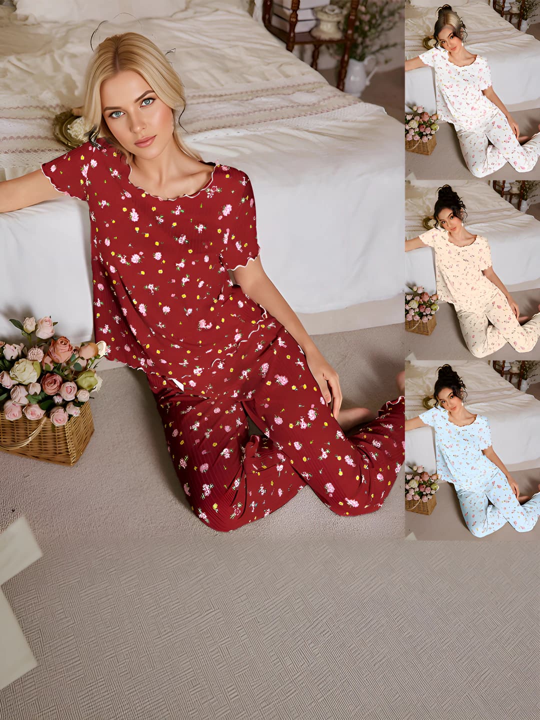 Ayollar uchun gullar naqshli kalta yengli va uzun shimli bo'sh (oversize) pijama to'plami, dumaloq yoqa, havo o'tkazuvchan, elastik, issiq saqlaydigan, uy kiyimi, kundalik, to'rt mavsum
