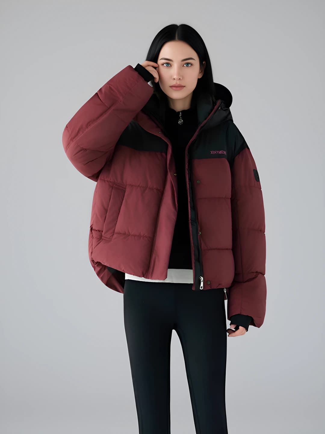 Women's winter padded jacket: down-alternative fill, zip, loose fit, warm, thickened, long sleeve, cropped, sports outerwear