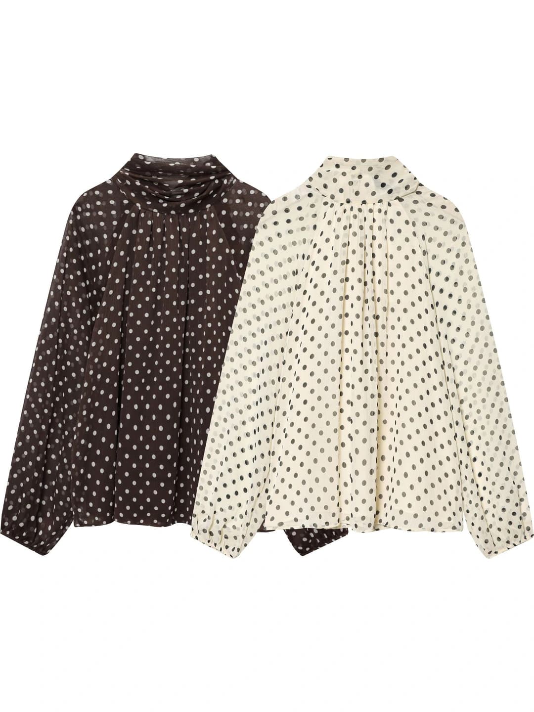 Ayollar uchun 2026 yilgi polka-dot bluzka, uzun yeng, yarim baland yoqa, bo'sh (oversize) kesim, o'rta-uzun, kundalik uslub