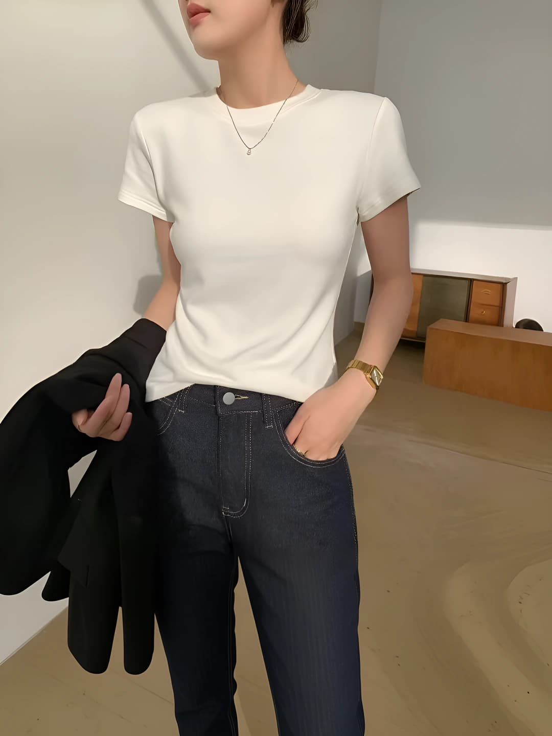 Women's summer short sleeve crew neck solid colour slim fit t-shirt