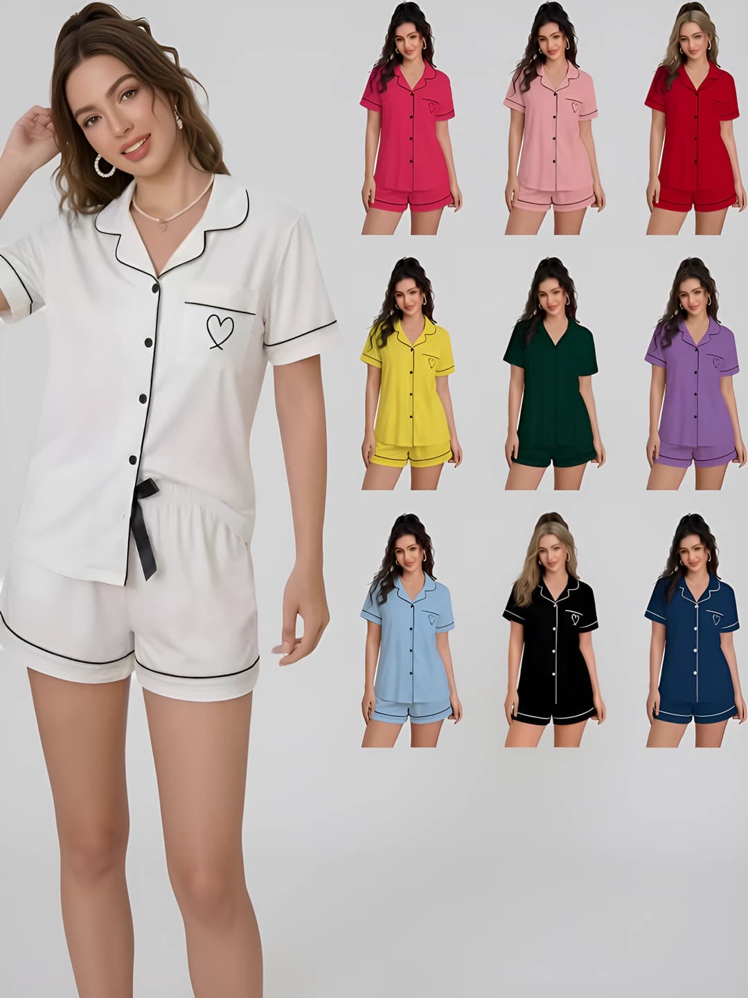Women's summer short-sleeve lapel collar pajama set with shorts, 180g imitation cotton