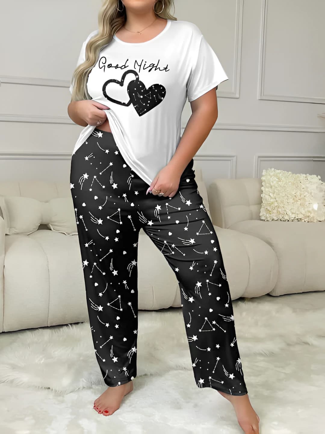 Women's casual pajama set: crew neck, short sleeve, trousers, plus size, starry sky and heart print