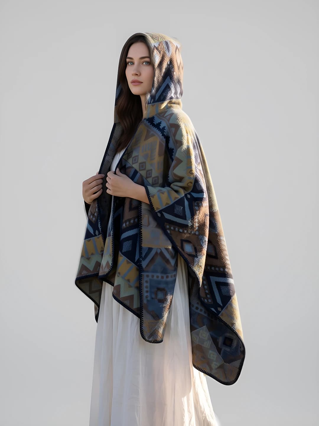 Women's blue retro ethnic geometric patterned warm cape with hood and fringe