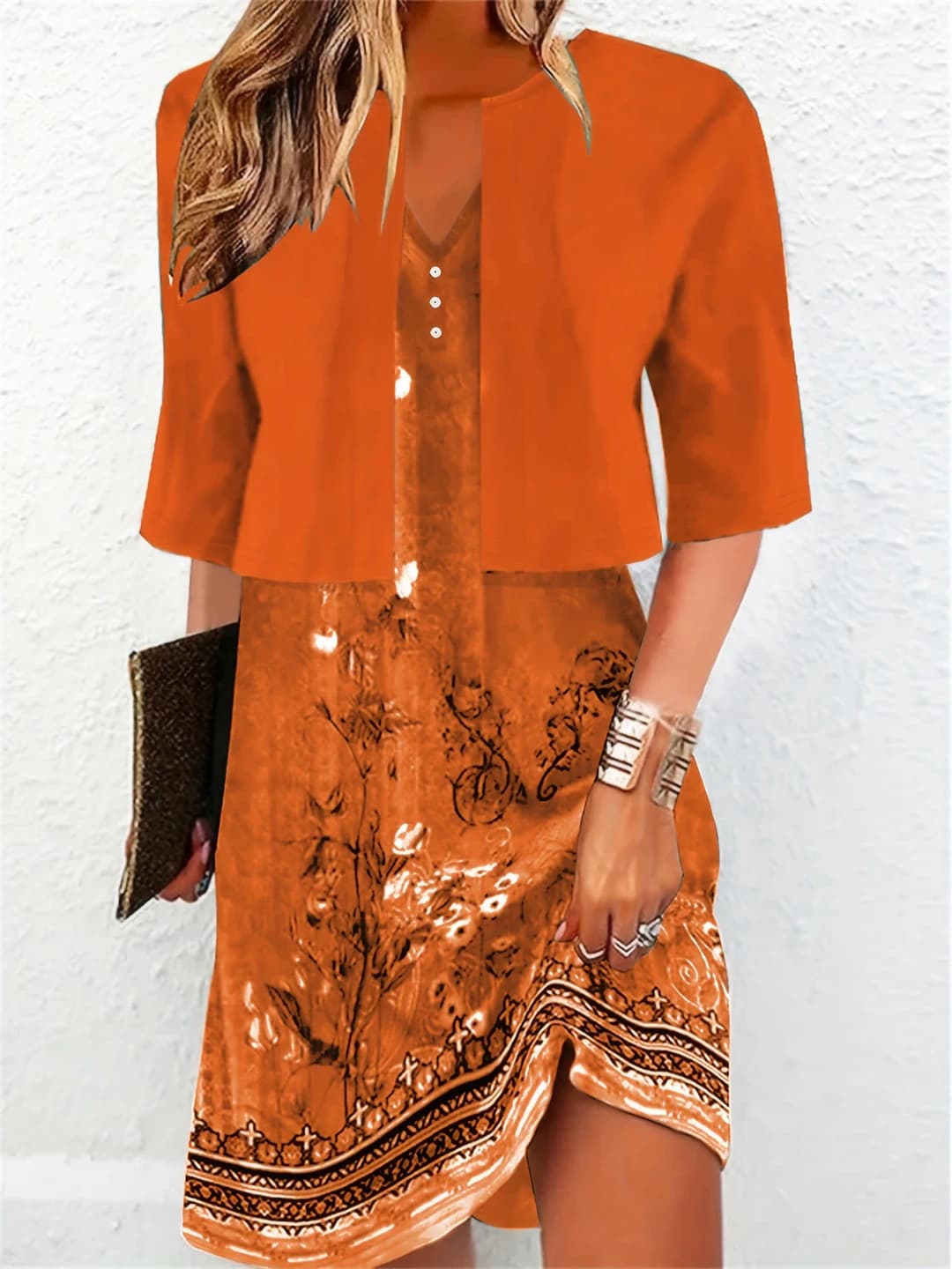 Women's printed dress and long skirt set, crew neck, elbow-length sleeve, A-line, polyester