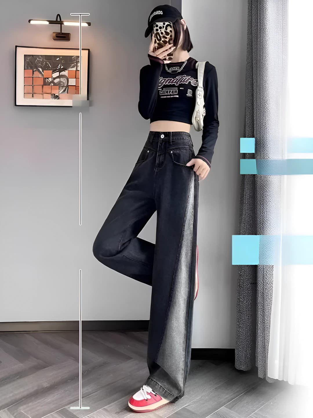 Women's wide and flared jeans, high waist, straight cut, loose fit, slimming, non-iron, plus size, spring-summer