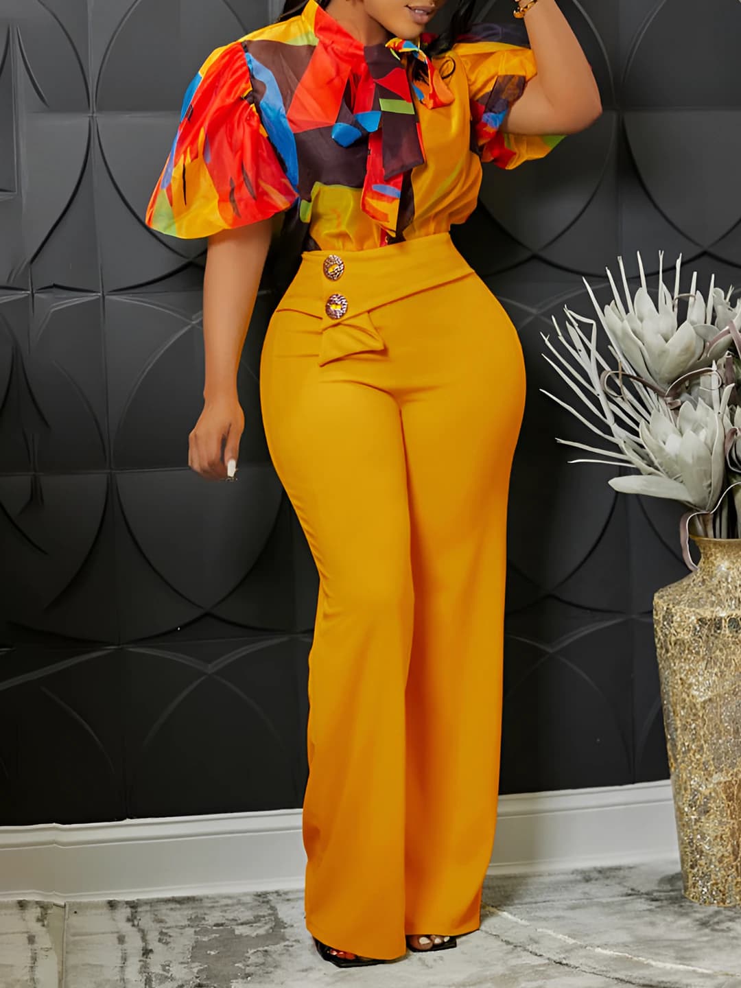Women's summer printed stand collar long sleeve blouse and wide-leg trousers set