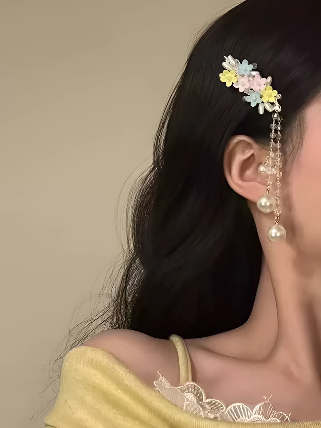 Multicolour floral pearl hair clip