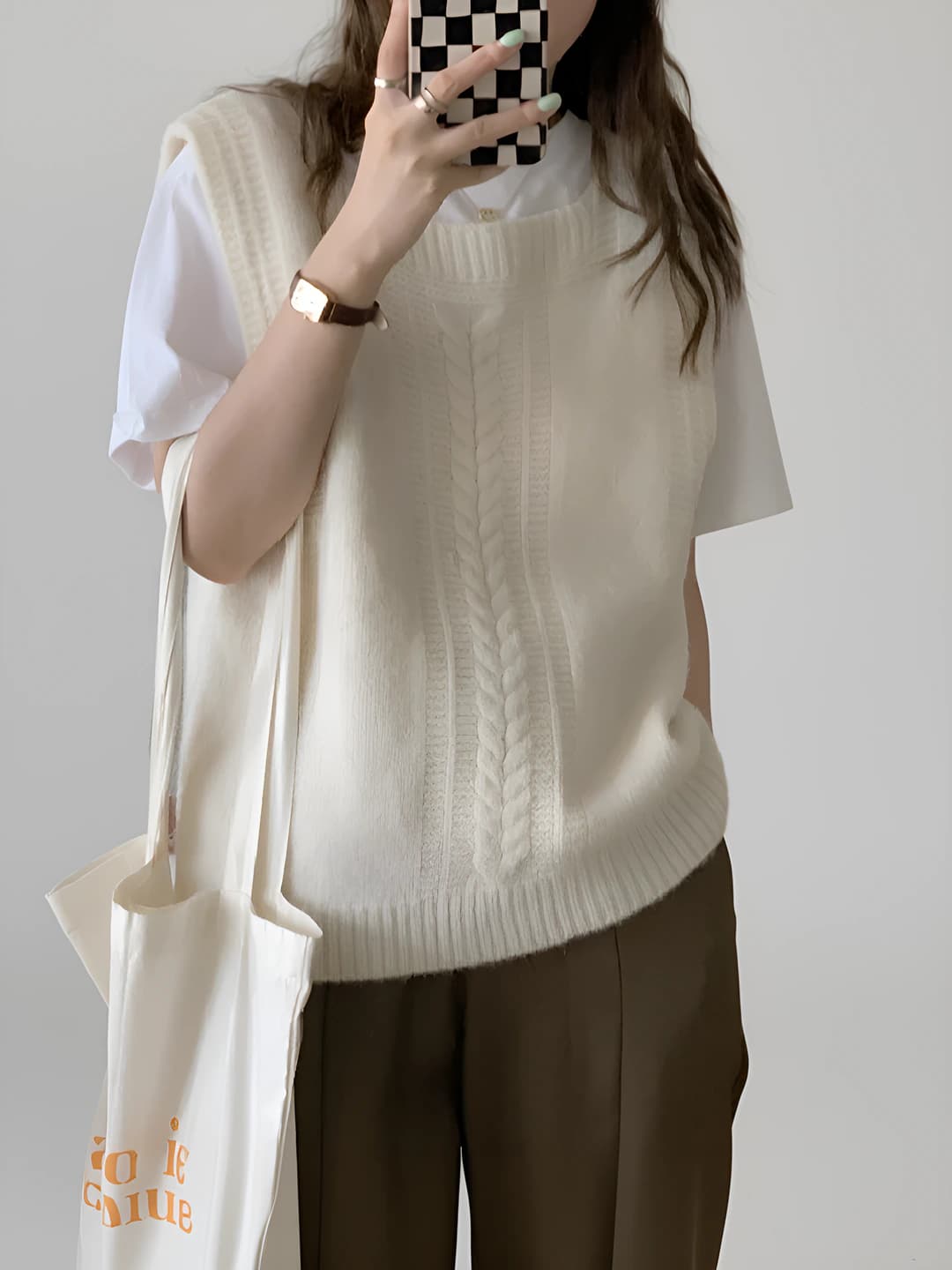 Women's retro cable knit vest, solid colour, straight cut, 2026