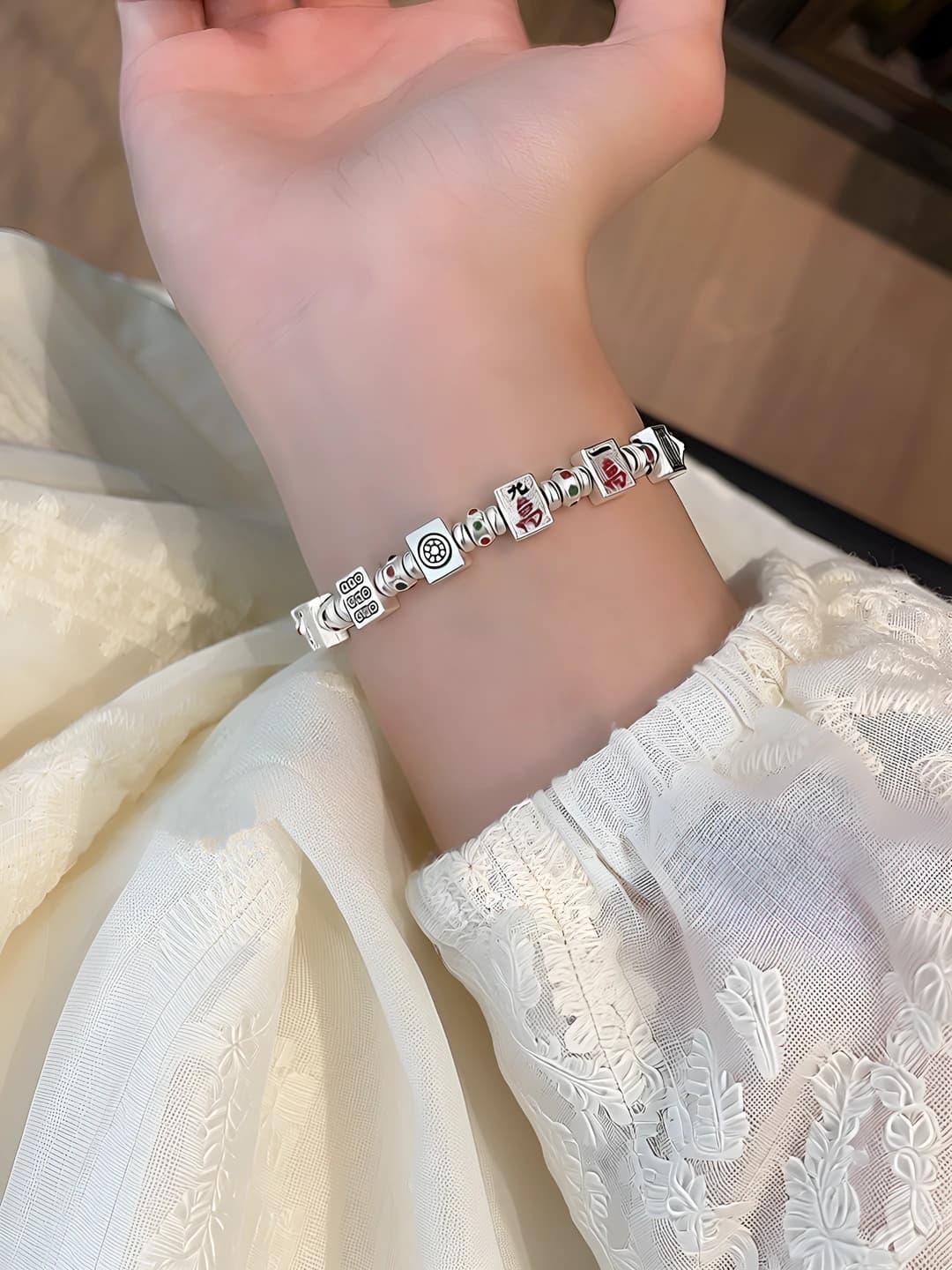 Women's vintage style mahjong enamel bracelet, geometric design element, minimalist style