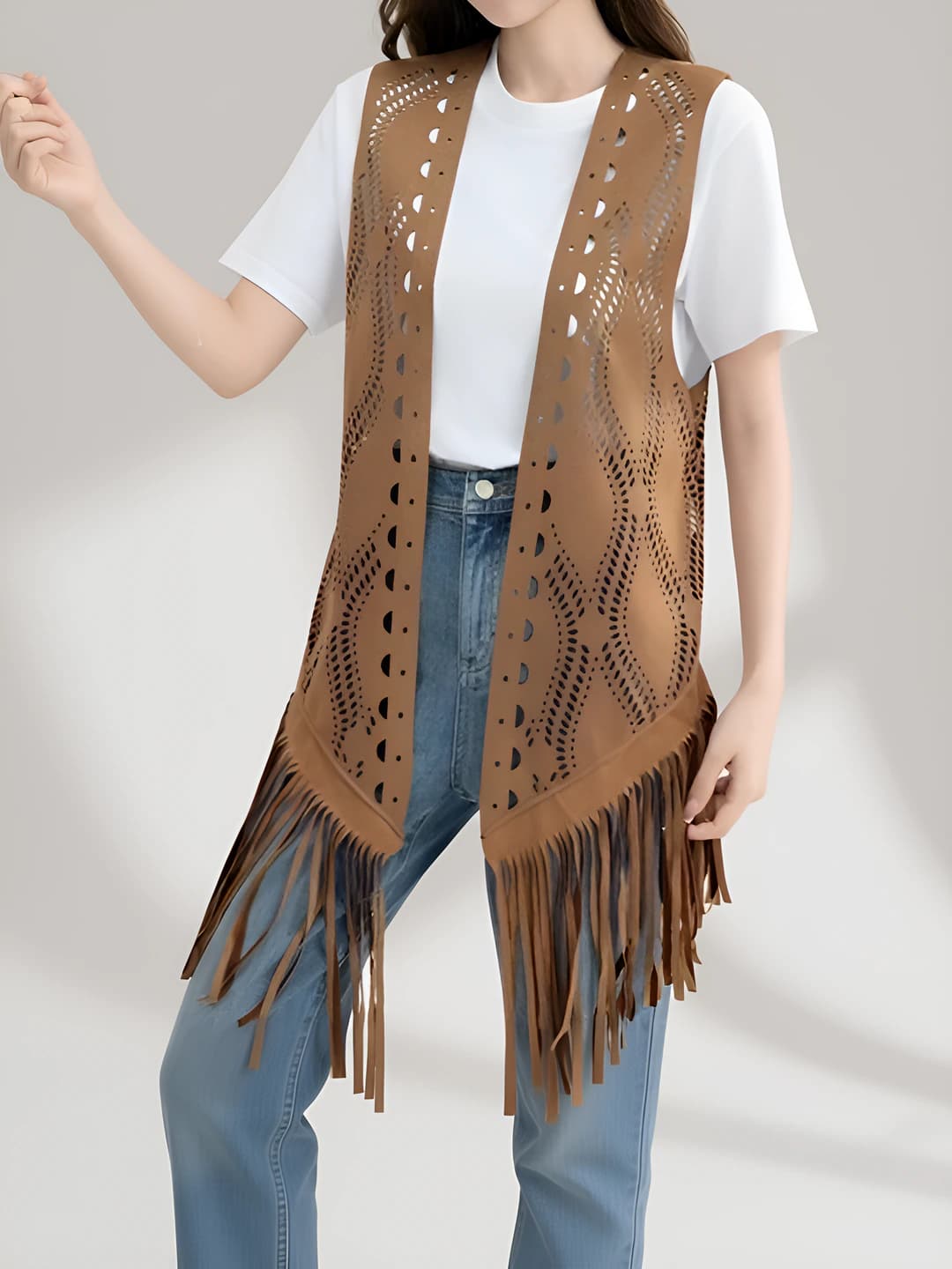 Ayollar uchun retro uslubdagi fringed cut-out jilet, kundalik, juda yupqa, o'rta-uzun, uzun yeng, yoqasiz