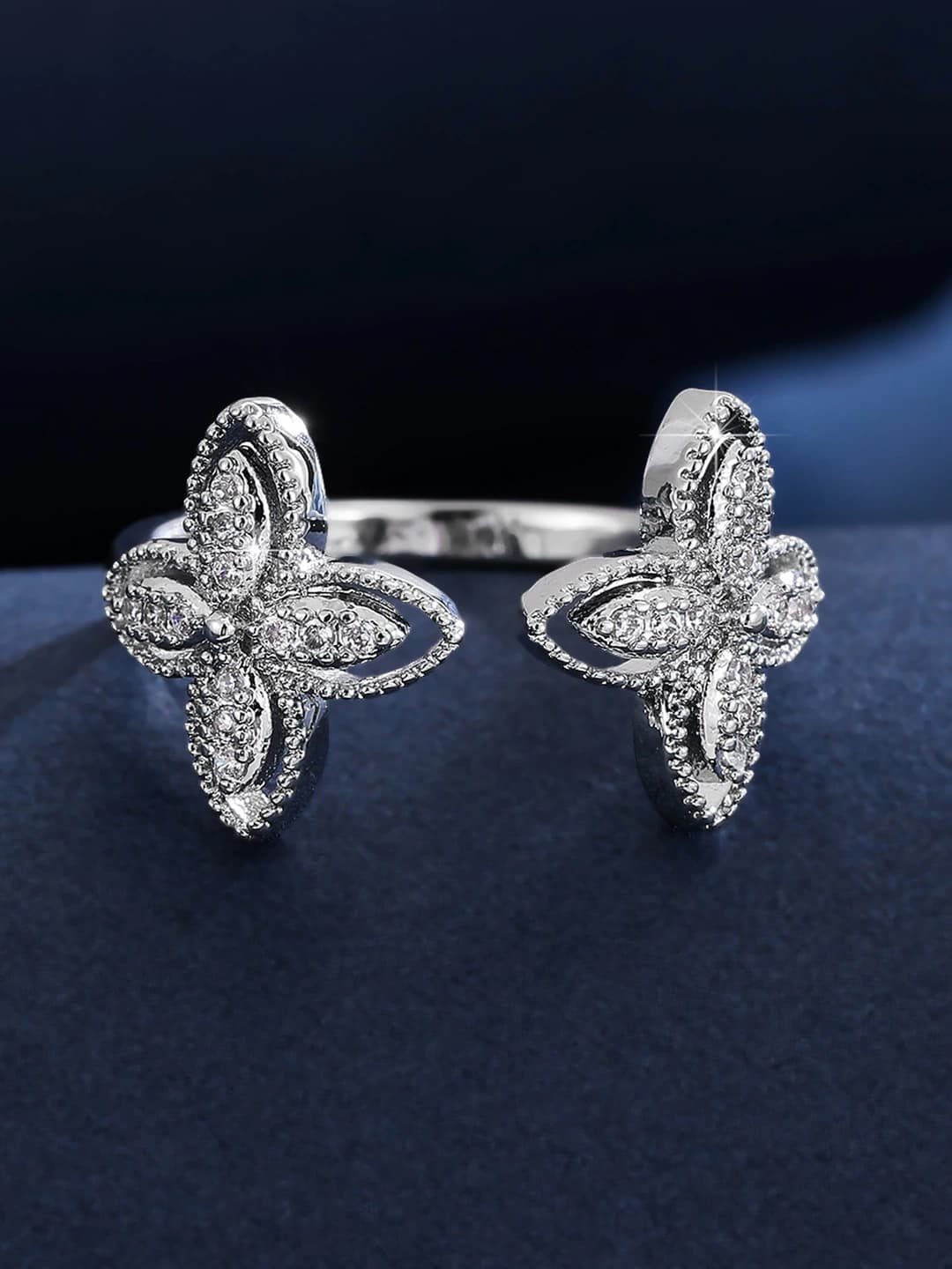 Women's adjustable open ring with two flowers and zircon, gold plating