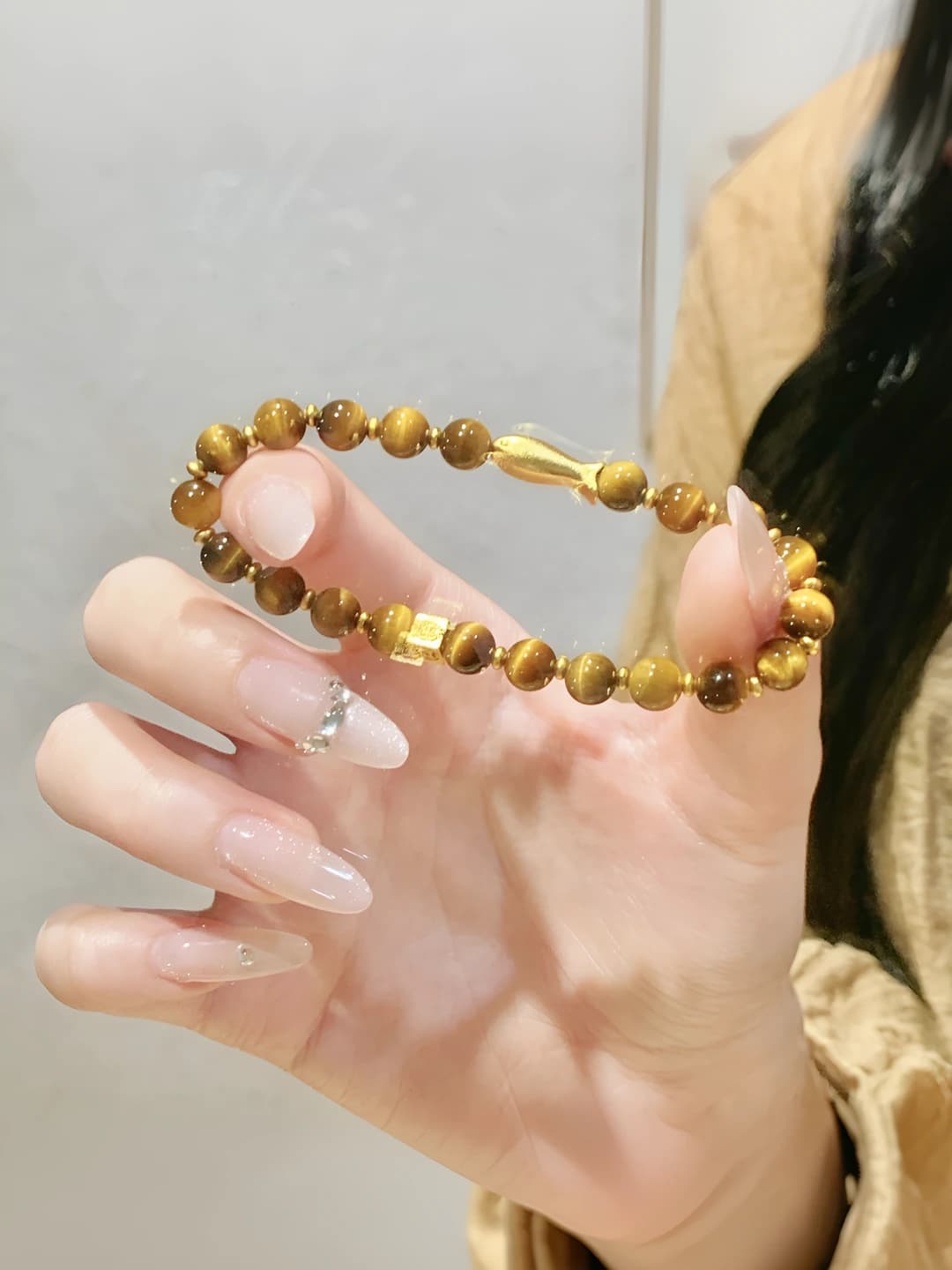 Tiger eye bracelet with gold fish