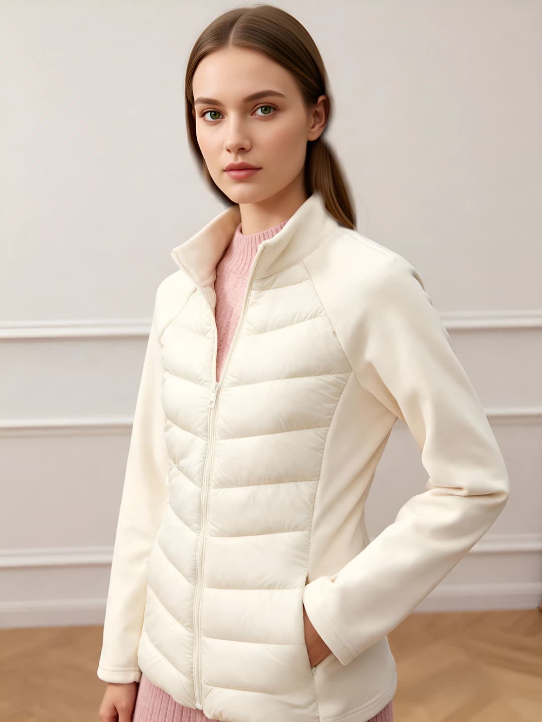 Women's 2026 autumn-winter stand collar slim fit long sleeve solid colour zip sports style cropped down-alternative fill padded jacket