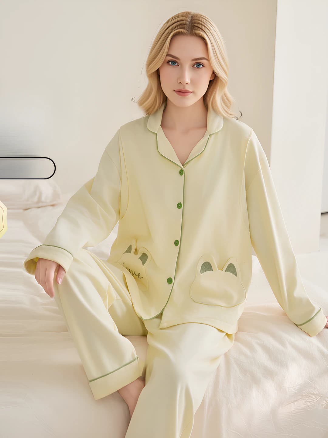 Ayollar uchun sof paxta yupqa pijama to'plami, kardigan, qaytarma yoqa, uzun yeng, uzun shim, bahor-yoz-kuz uchun