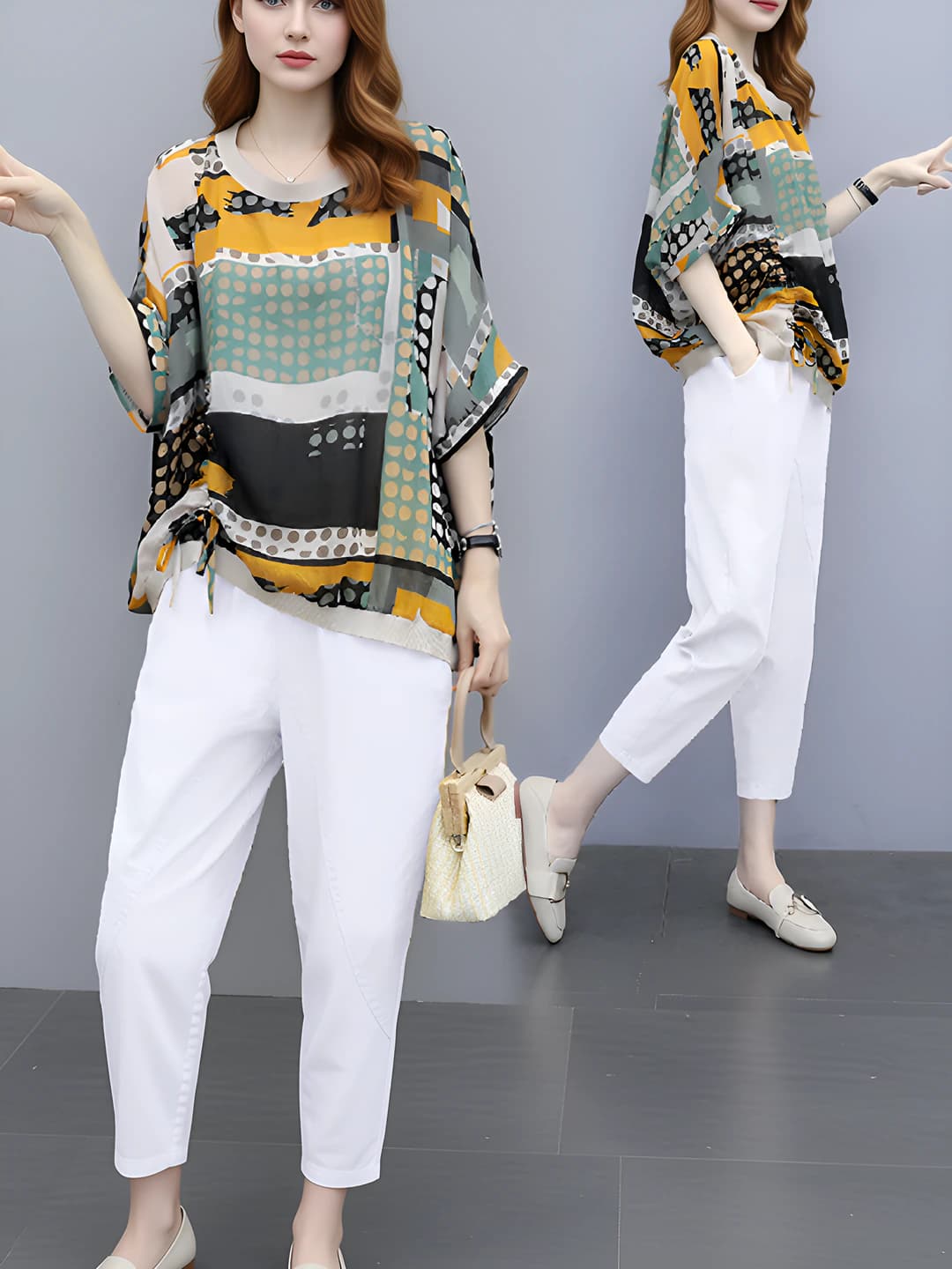 Yellow top, white pants