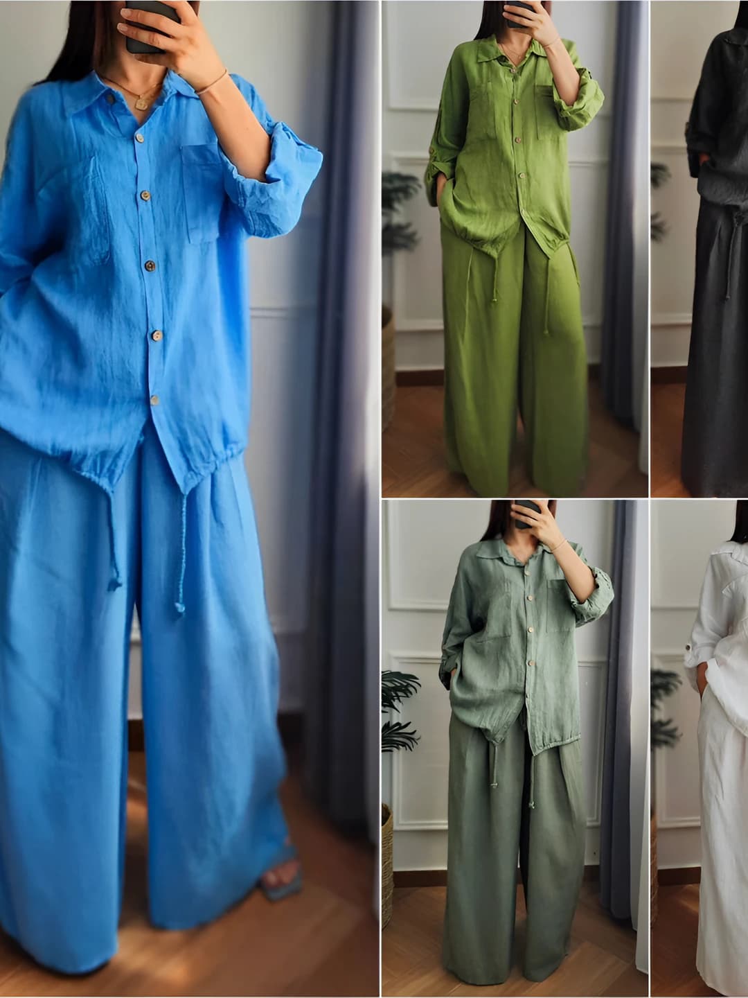 Women's 2026 solid colour long sleeve button blouse and wide-leg trousers two-piece set