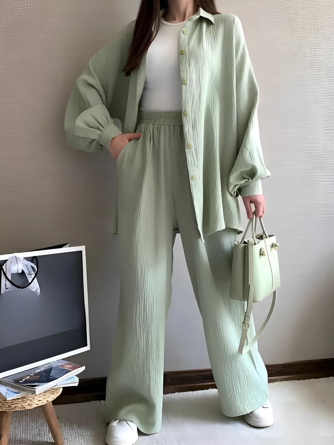 Women's casual set 2026: long sleeve shirt and trousers, solid colour, loose fit, plus size