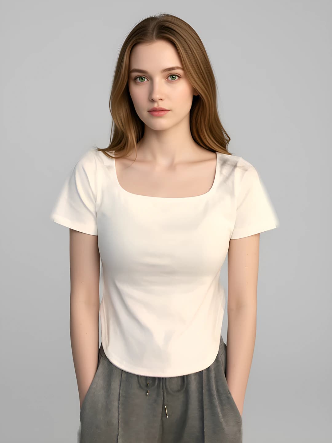 Women's short sleeve t-shirt, Korean style, slim fit, slimming, solid colour, square collar, casual