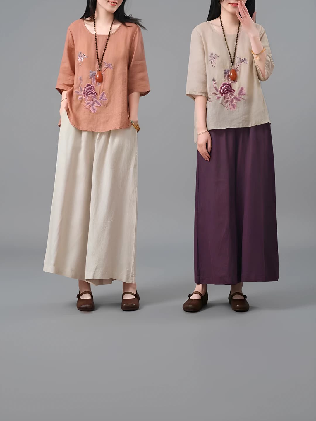 Women's summer embroidered set: loose fit, plus size, retro style, sleeveless top and wide trousers