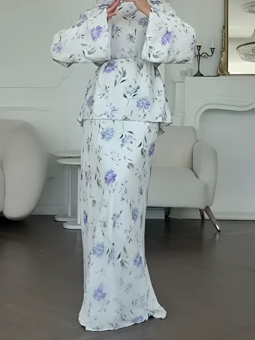 Women's 2026 spring-autumn long sleeve fitted printed blouse and long skirt set