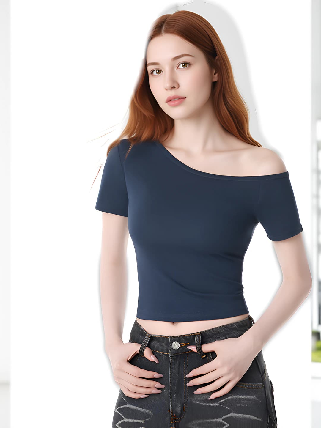 Women's off-shoulder short-sleeve crop top, thin, solid colour, slim fit, slimming, 2026 summer, 90% cotton