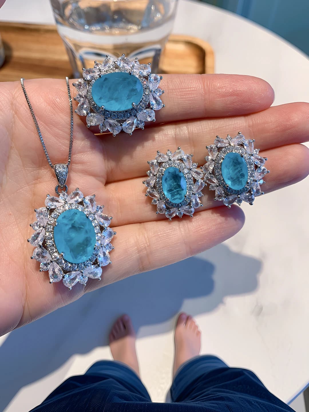 Women's retro set with geometric pattern and Paraiba blue stone imitation: pendant, ring and earrings